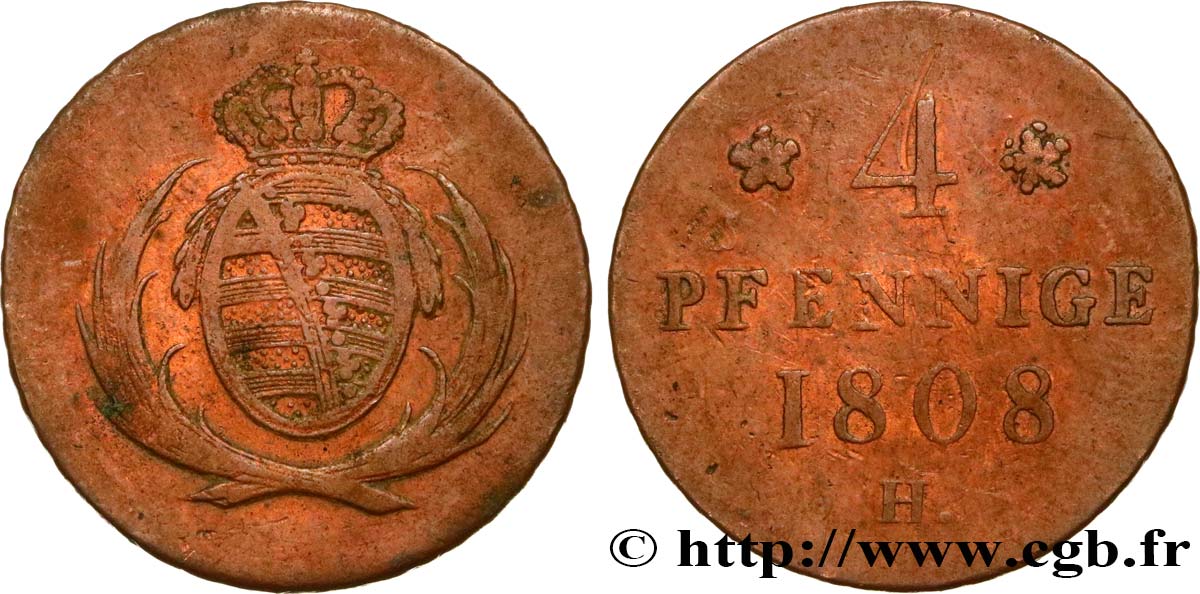 ALEMANIA - SAJONIA 4 Pfennige Royaume de Saxe armes couronnées 1808 Dresde BC 
