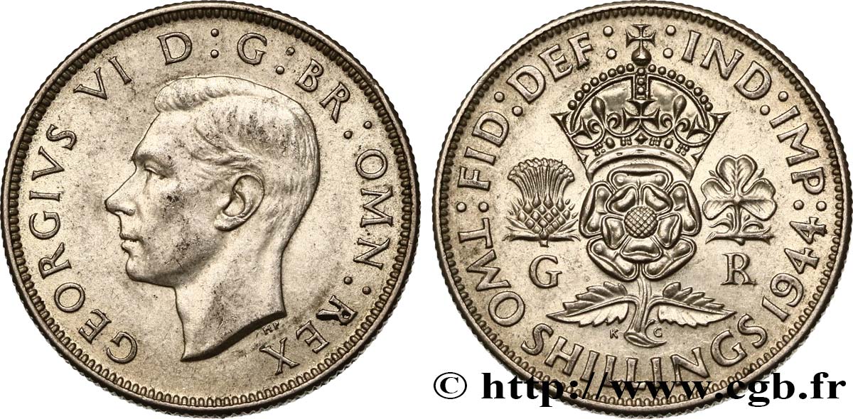 UNITED KINGDOM 1 Florin (2 Shillings) Georges VI 1944  AU 
