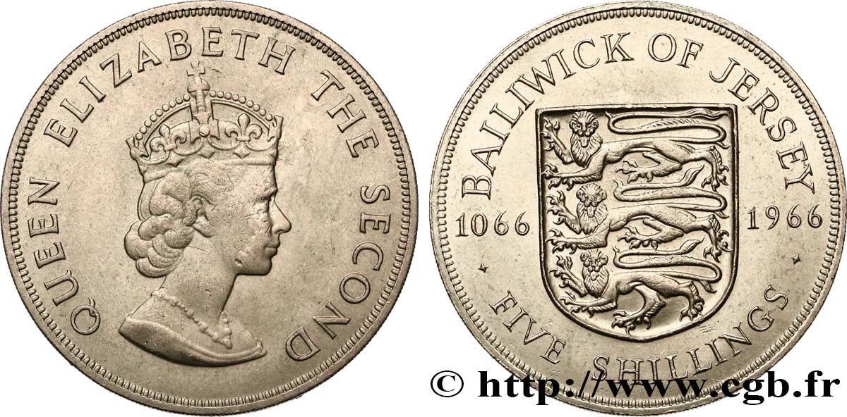 JERSEY 5 Shilling Elisabeth II / armes du Baillage de Jersey 1966  SUP 