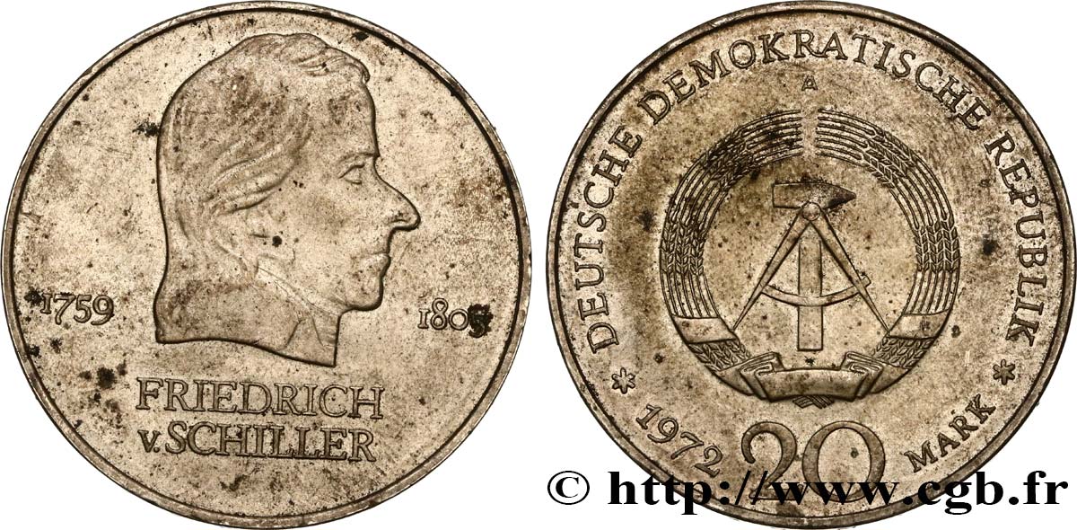 DEUTSCHE DEMOKRATISCHE REPUBLIK 20 Mark Emblème de la RDA / Friedrich von Schiller 1972  fVZ 