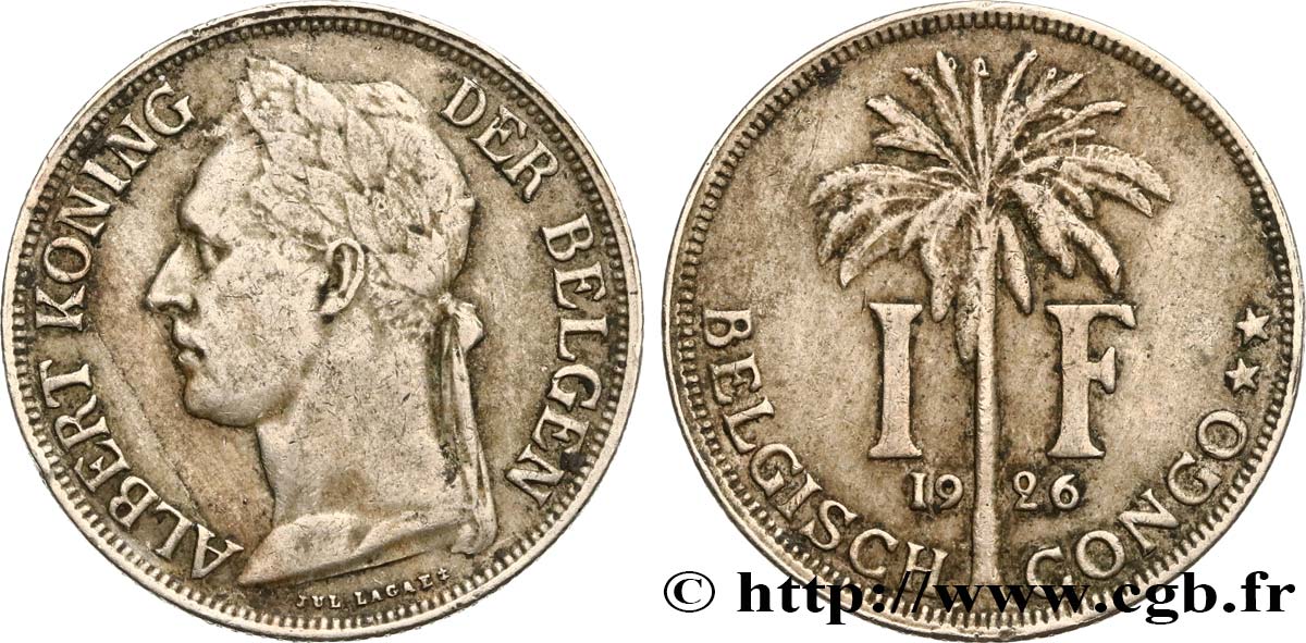 BELGA CONGO 1 Franc roi Albert légende flamande 1926  MBC 