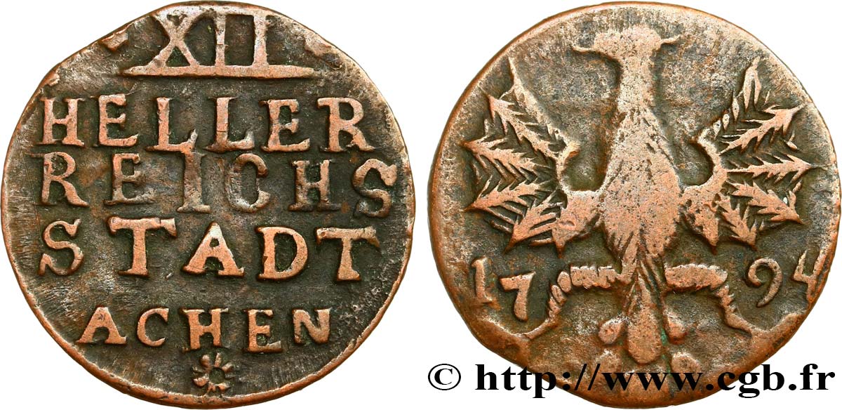 GERMANY - AACHEN 12 (XII) Heller ville de Aachen aigle 1794  VF 