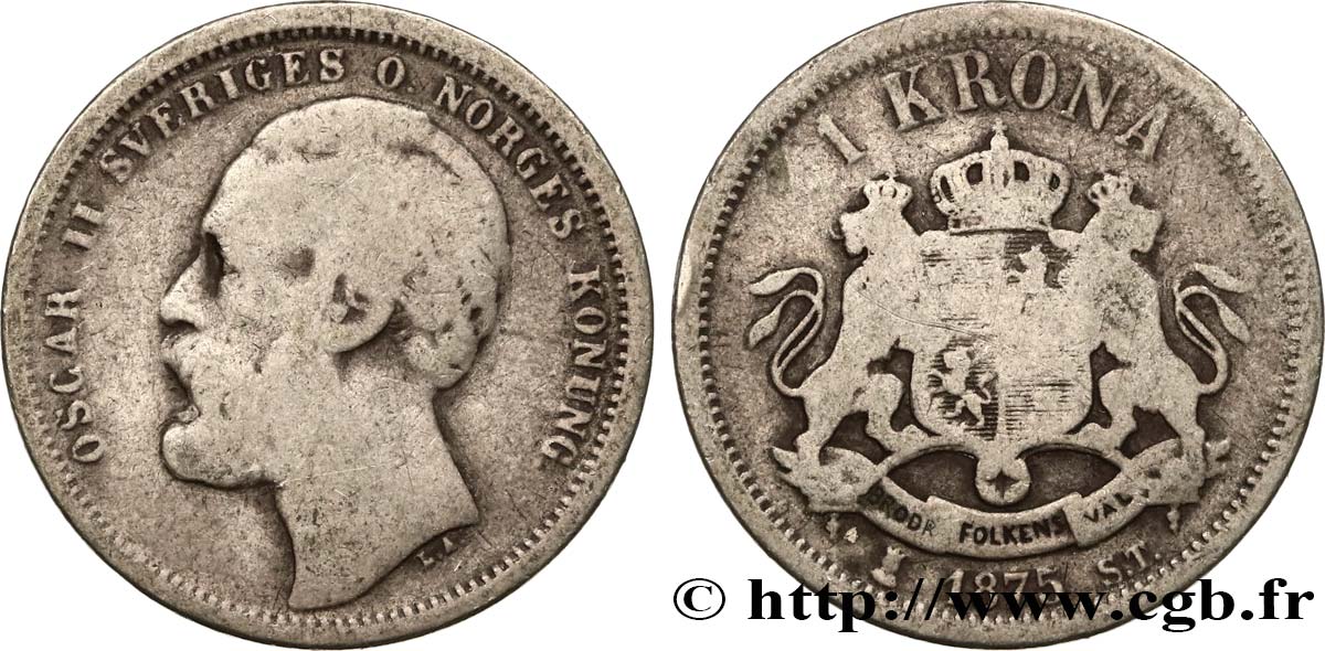 SWEDEN 1 Krona Oscar II 1875  F 