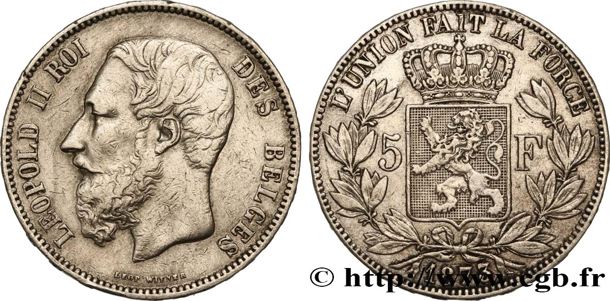 BELGIEN 5 Francs Léopold II 1873  fSS/SS 