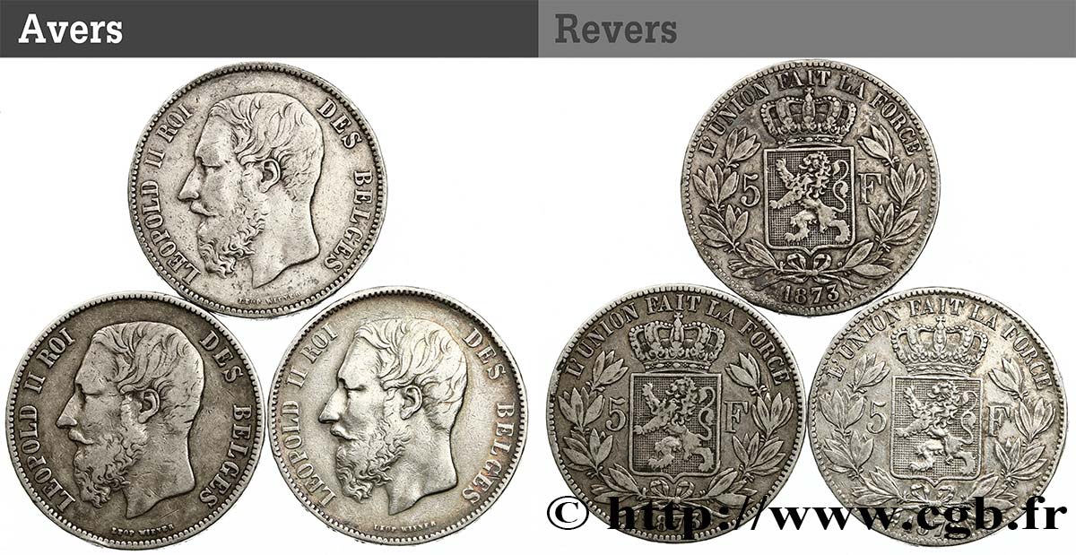 BELGIUM Lot de 3 monnaies de 5 Francs Léopold II 1867-1876  VF 