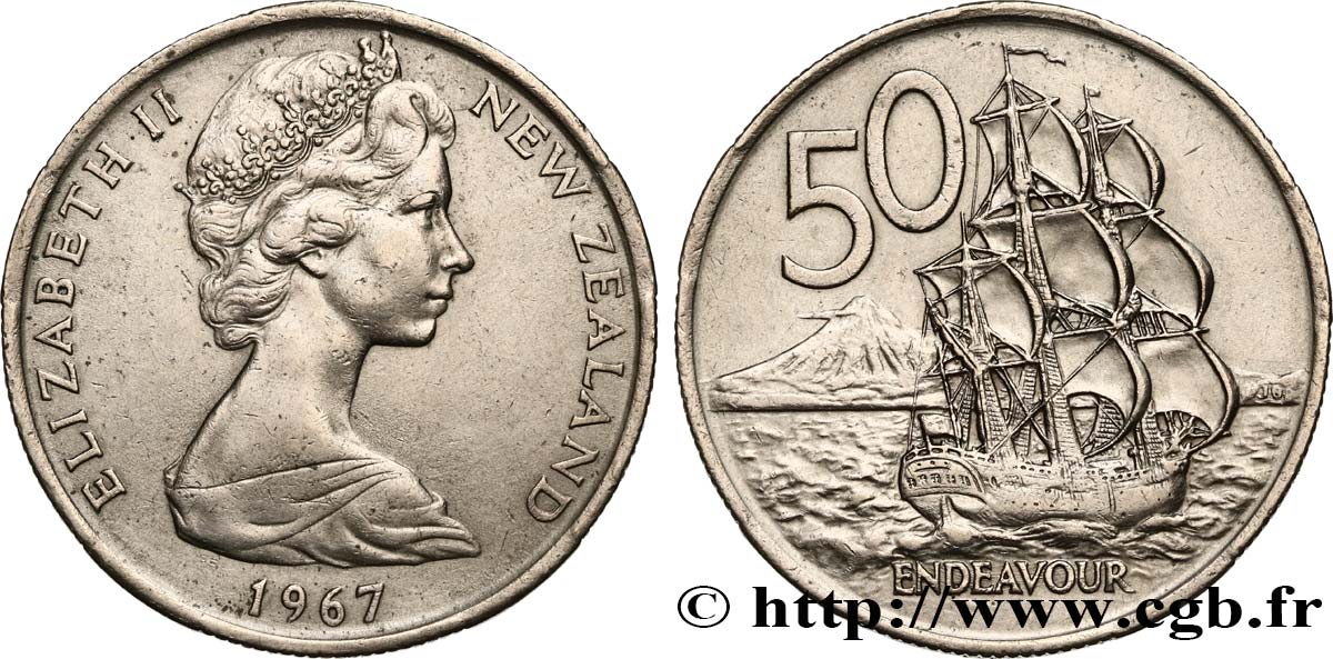 NEUSEELAND
 50 Cents Elisabeth II / trois-mats Endeavour 1967  VZ 