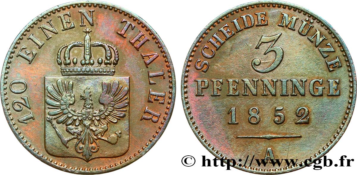 GERMANIA - PRUSSIA 3 Pfenninge Royaume de Prusse écu à l’aigle 1852 Berlin q.SPL 