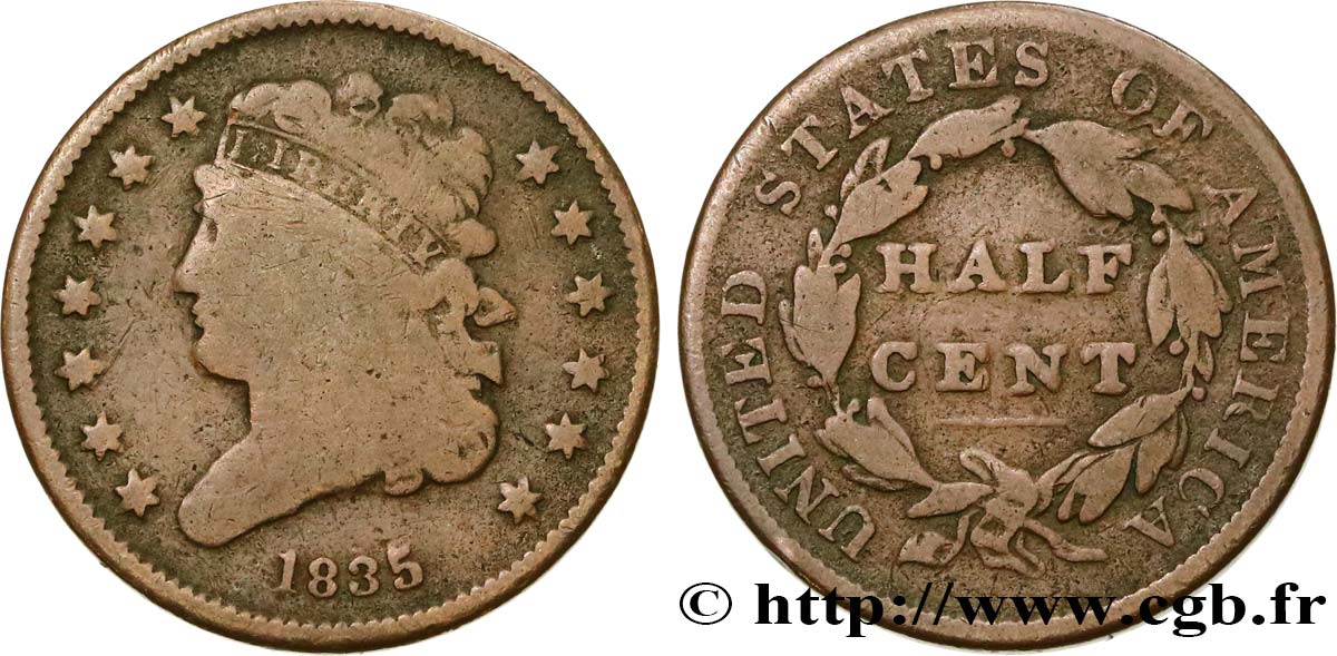 STATI UNITI D AMERICA 1/2 Cent ‘Classic Head’ 1835 Philadelphie q.MB 