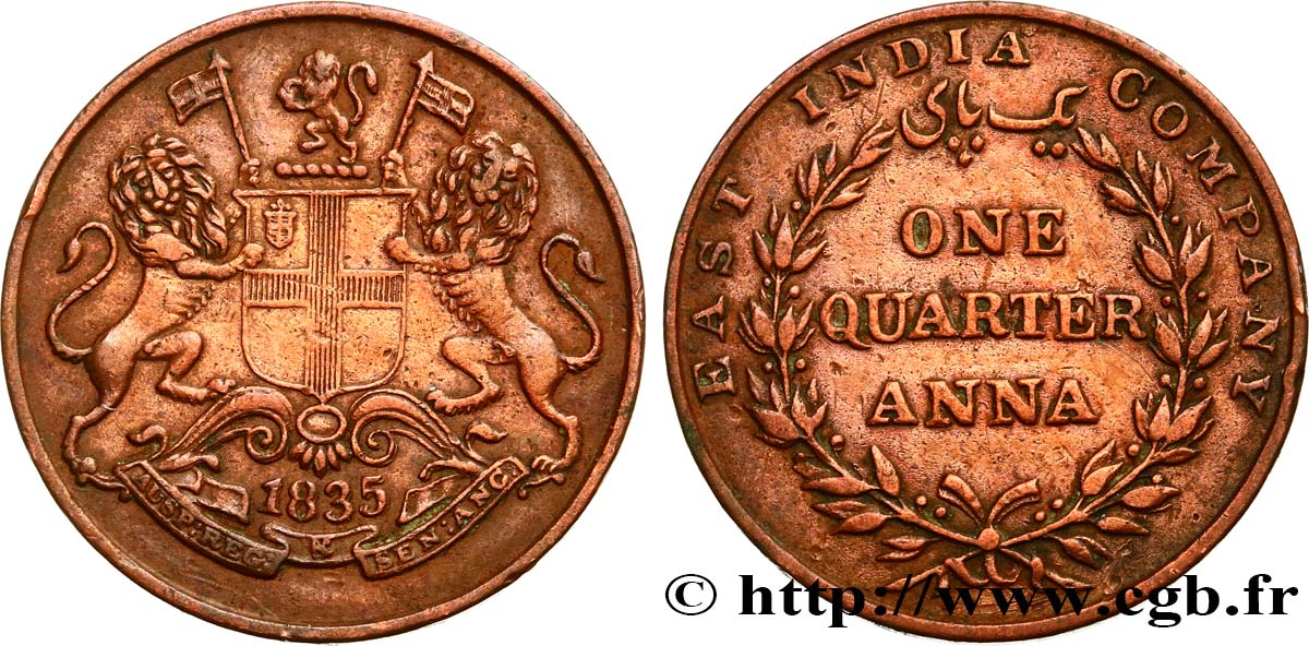 BRITISH INDIA 1/4 Anna East India Company 1835 Calcutta AU 