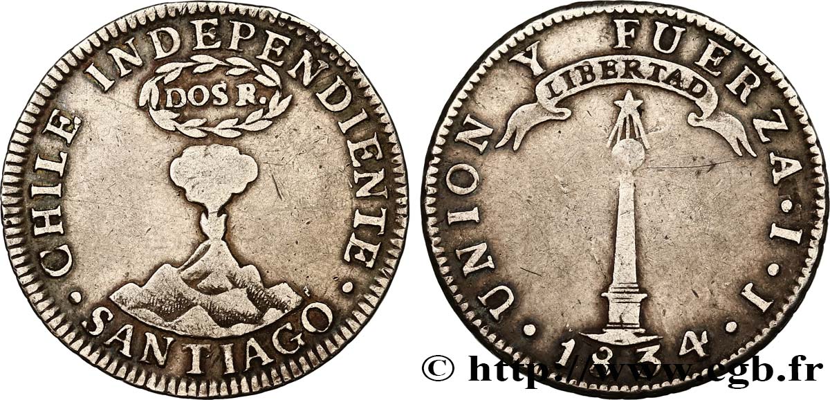 CHILE
 2 Reales 1834 Santiago SS 