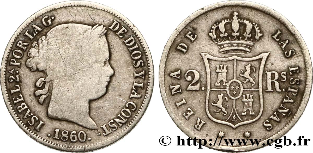 SPAGNA 2 Reales Isabelle II  1860 Barcelone MB 