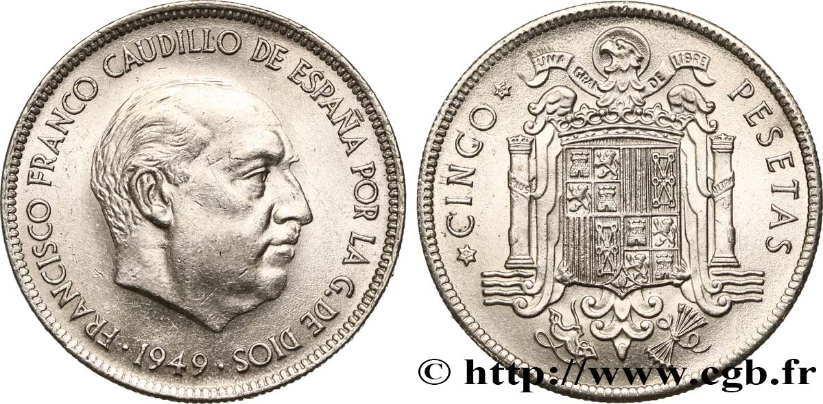 SPANIEN 5 Pesetas Franco / emblème (1950) 1949  VZ 