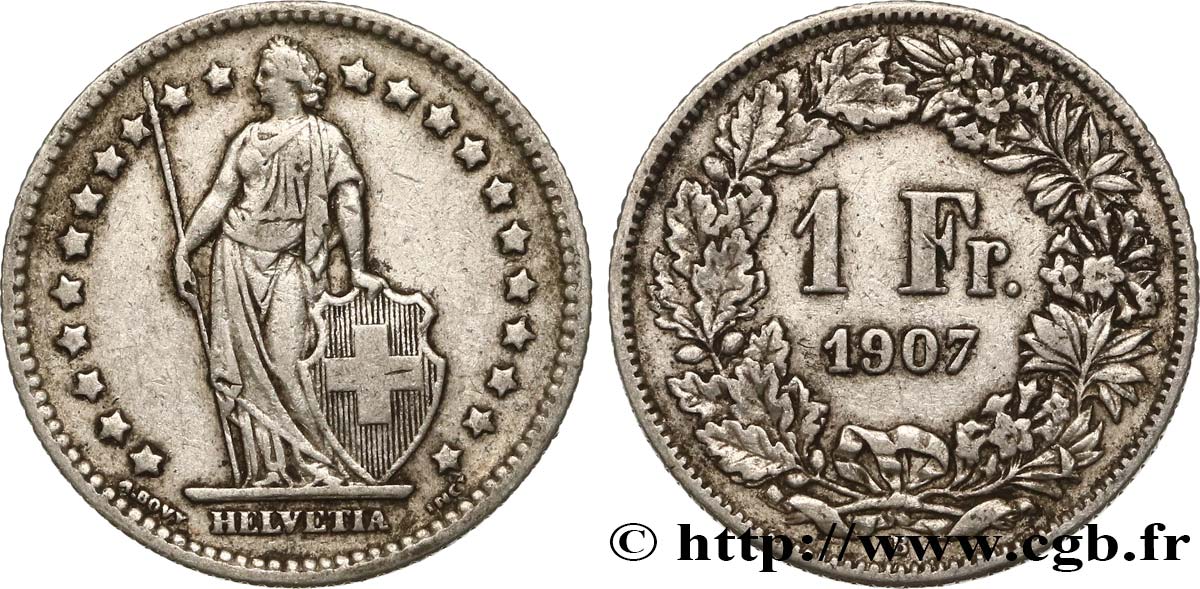SUIZA 1 Franc Helvetia 1907 Berne - B BC+ 