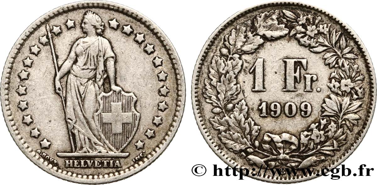 SWITZERLAND 1 Franc Helvetia 1909 Berne - B XF 