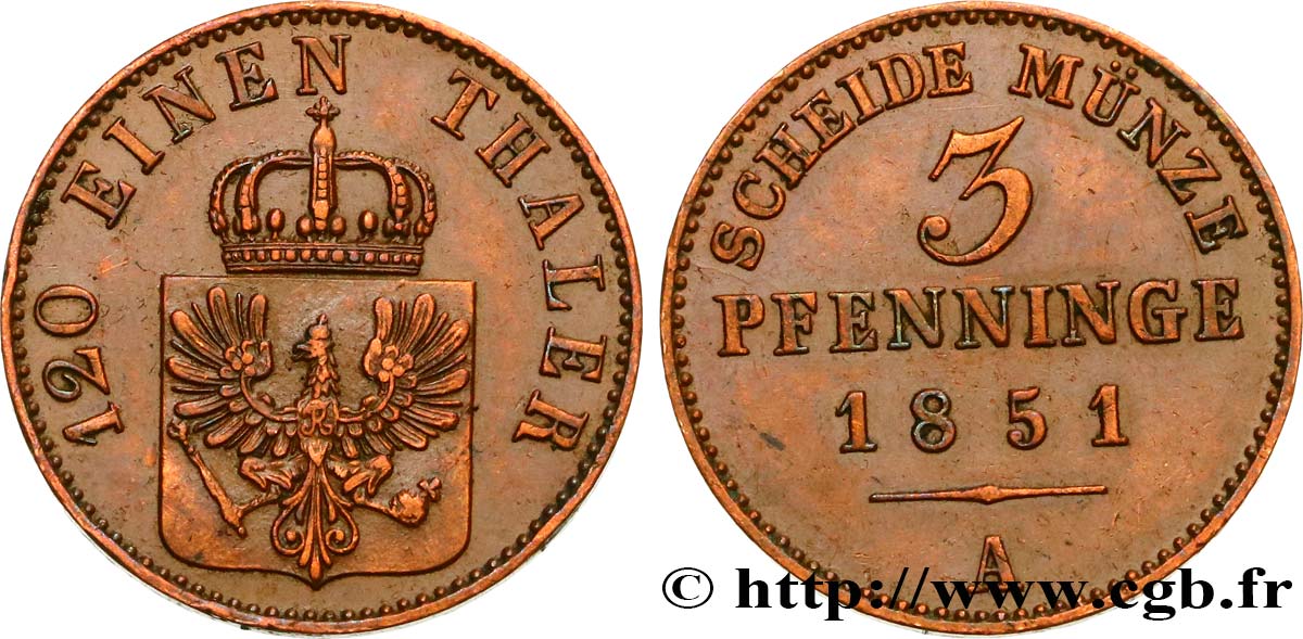 ALEMANIA - PRUSIA 3 Pfenninge 1851 Berlin EBC 