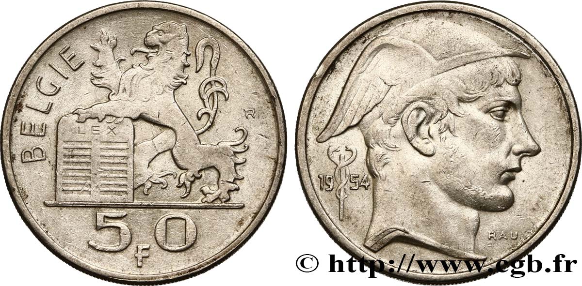 BÉLGICA 50 Francs lion posé sur les tables de la loi / Mercure légende flamande 1954  EBC 