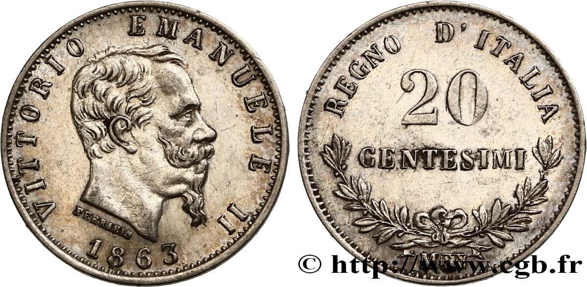 ITALY 20 Centesimi Victor Emmanuel II 1863 Milan AU 