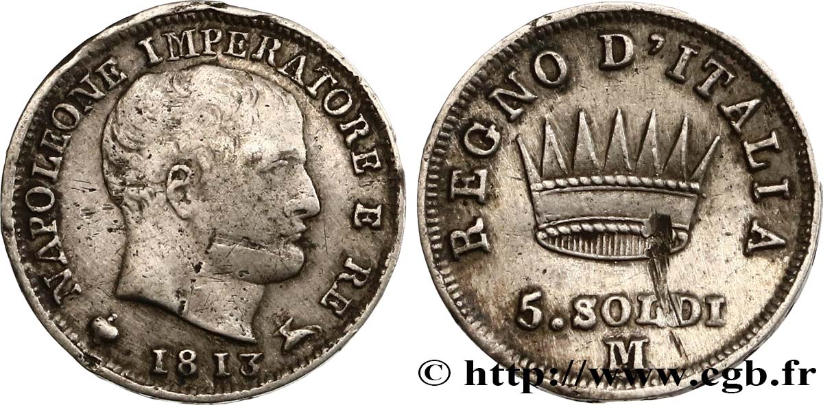 ITALIA - REINO DE ITALIA - NAPOLEóNE I 5 Soldi 1813 Milan BC+ 