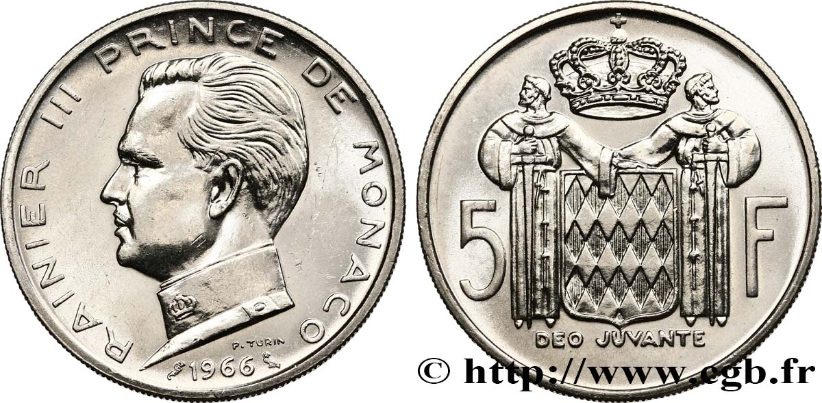 MONACO 5 Francs Prince Rainier III 1966 Paris MS 