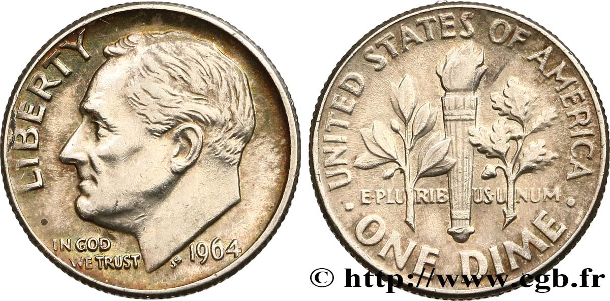UNITED STATES OF AMERICA 1 Dime (10 Cents) Roosevelt 1964 Philadelphie AU 