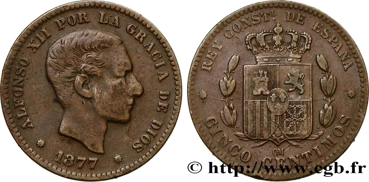 SPAIN 5 Centimos Alphonse XII 1877 Oeschger Mesdach & CO XF 