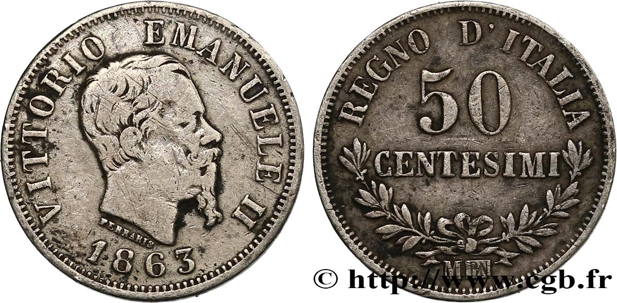 ITALIE 50 Centesimi Victor Emmanuel II 1863 Milan TB 