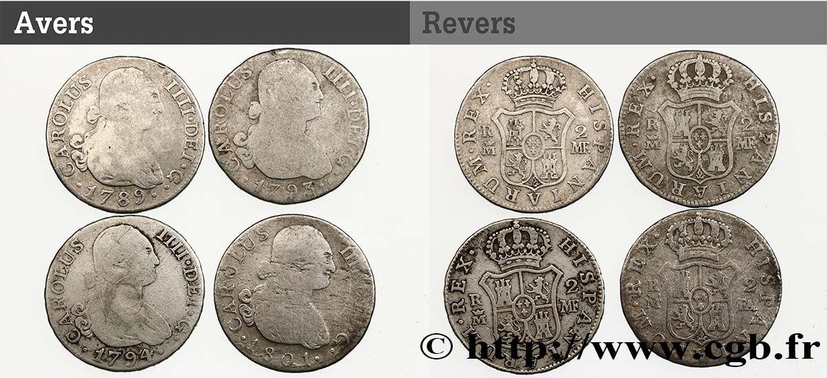 ESPAÑA Lot de 4 pièces de 2 Reales Charles IV n.d. Madrid BC 