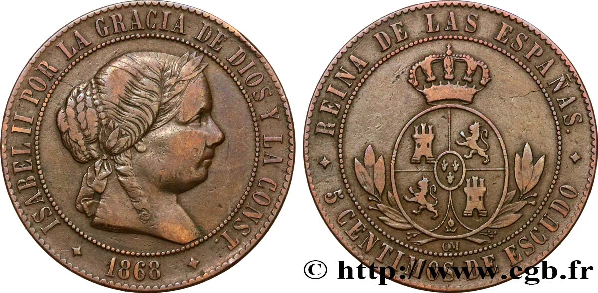 SPAGNA 5 Centimos de Escudo Isabelle II / écu couronné 1868 Oeschger Mesdach & CO BB 