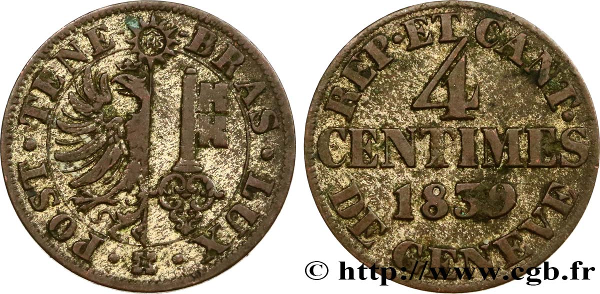 SCHWEIZ - REPUBLIK GENF 4 Centimes - Canton de Genève 1839  SS 