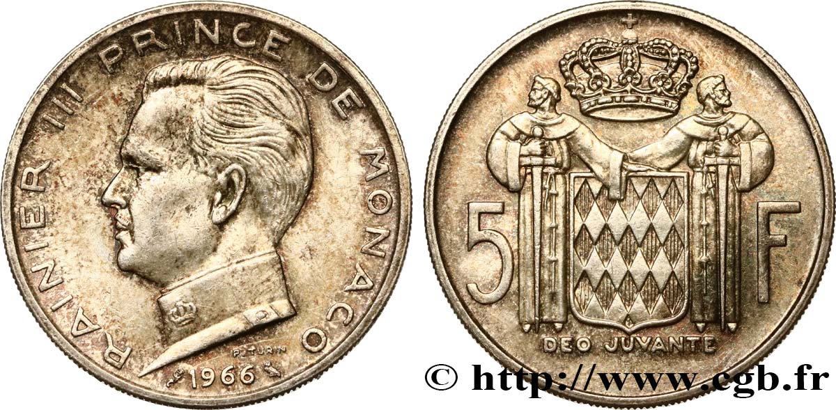 MONACO 5 Francs Prince Rainier III 1966 Paris EBC 