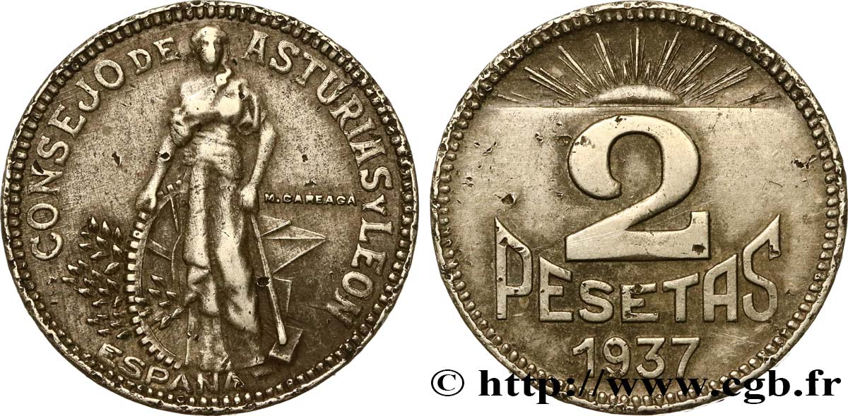 ESPAGNE - ASTURIES ET LÉON 2 Pesetas - Conseil des Asturies et de Léon 1937 Gijón TTB 