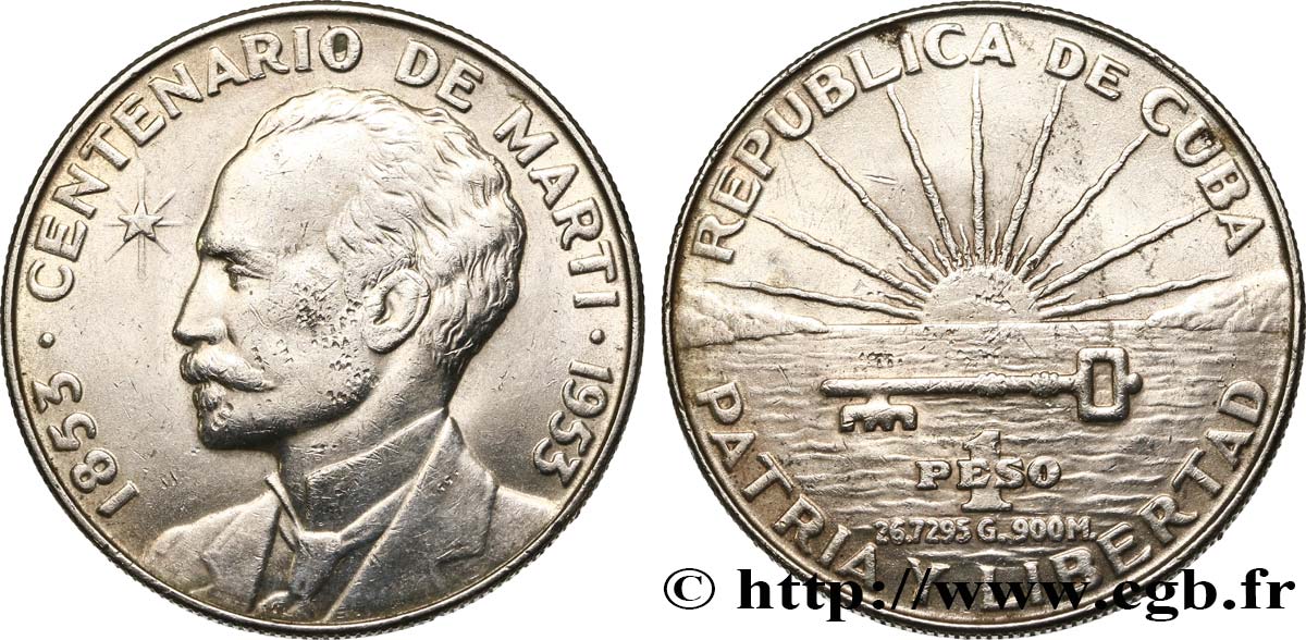 CUBA 1 Peso centenaire de José Marti 1953  XF 