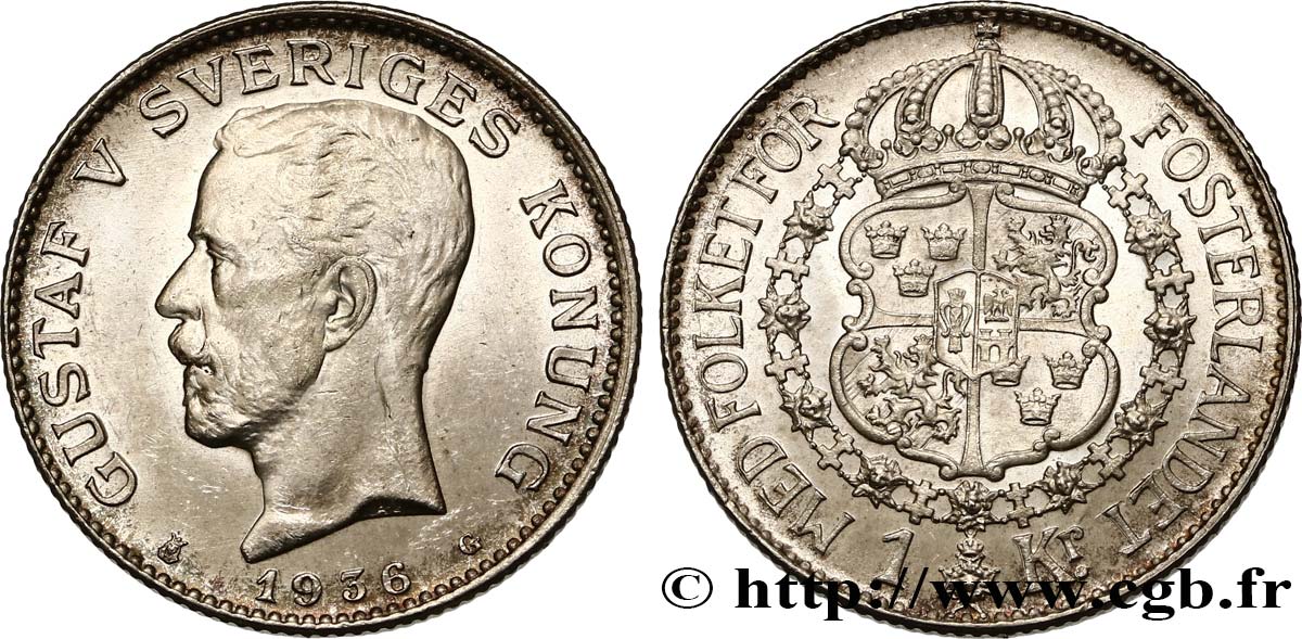 SWEDEN 1 Krona Gustave V 1936  MS 