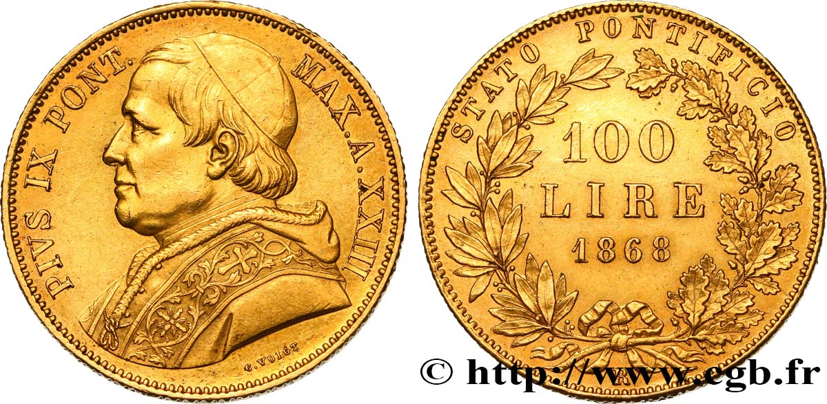 VATICAN - PIUS IX (Giovanni Maria Mastai Ferretti) 100 Lire an XXIII 1868 Rome AU 