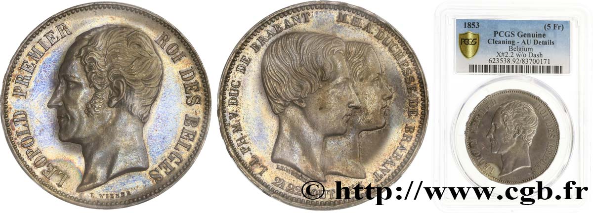 BELGIUM 5 Francs mariage du Duc et de la Duchesse de Brabant 1853  AU PCGS