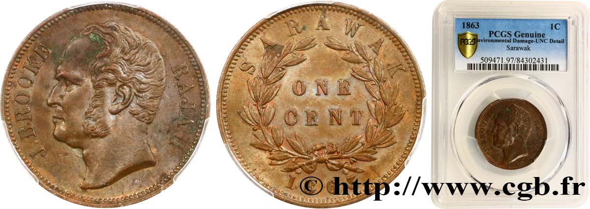 SARAWAK 1 Cent Sarawak Rajah James Brooke 1863 Birmingham MS PCGS