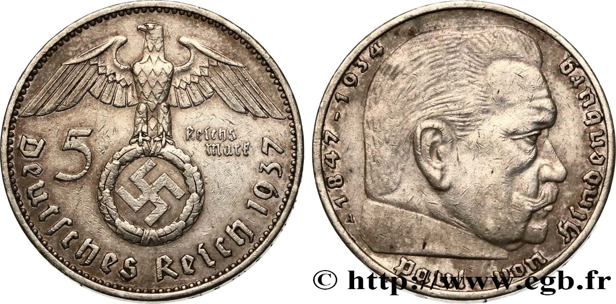 DEUTSCHLAND 5 Reichsmark aigle surmontant une swastika / Maréchal Paul von Hindenburg 1937 Berlin fVZ 
