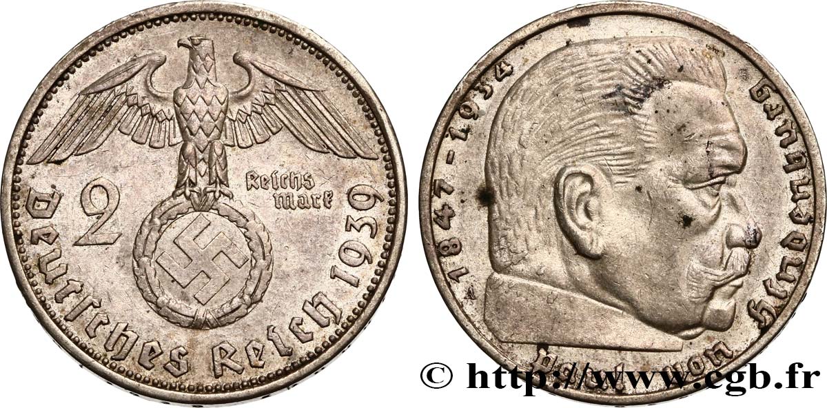 GERMANIA 2 Reichsmark aigle surmontant une swastika / Maréchal Paul von Hindenburg 1939 Berlin SPL 