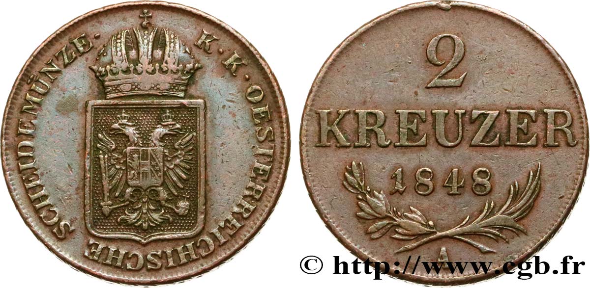 AUSTRIA 2 Kreuzer monnayage de la révolution de 1848-1849 1848 Vienne XF 