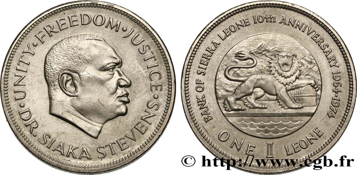 SIERRA LEONA 1 Leone 10e anniversaire de la Banque centrale de Sierra Leone 1974  EBC 