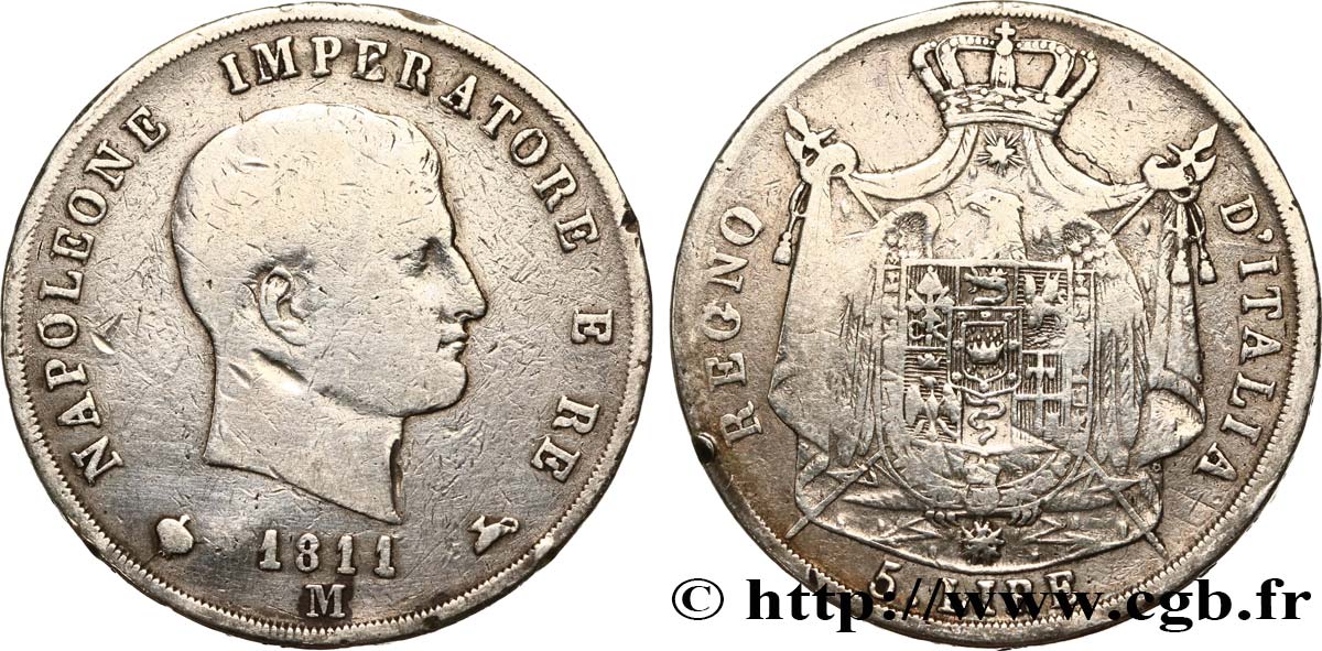 ITALIE - ROYAUME D ITALIE - NAPOLÉON Ier 5 Lire 1811 Milan TB 