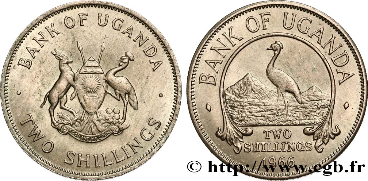 UGANDA 2 Shillings armes / grue et paysage de montagne 1966  VZ 