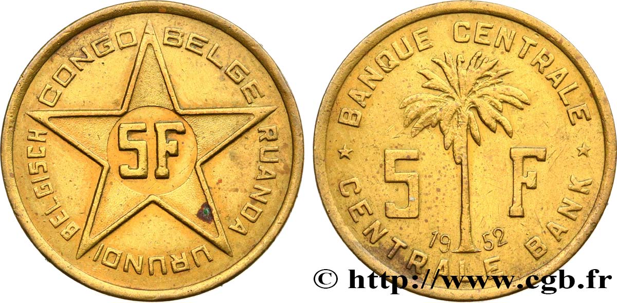 BELGISCH-KONGO 5 Francs Banque Centrale Congo Belge-Ruanda-Urundi 1952  SS 