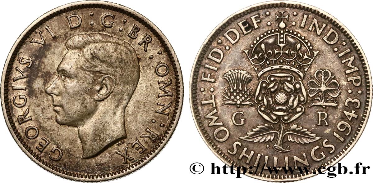 UNITED KINGDOM 1 Florin (2 Shillings) Georges VI 1943  XF 