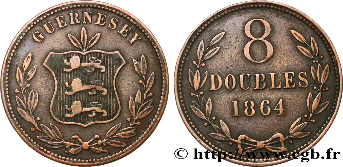 GUERNSEY 8 Doubles armes du baillage de Guernesey 1864 Heaton fSS 