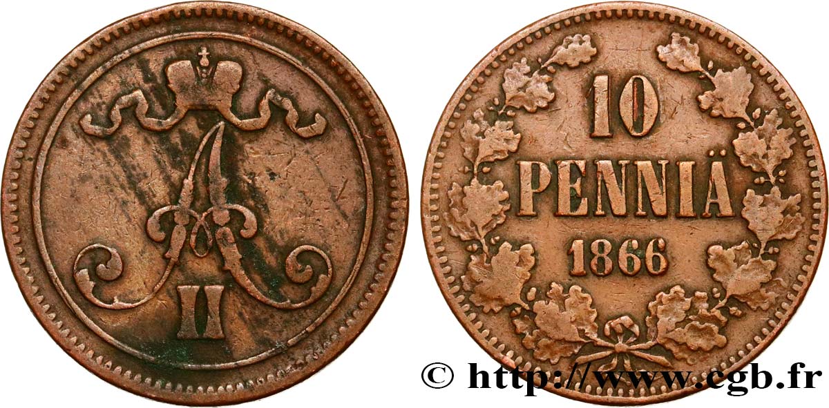 FINLANDIA 10 Pennia monogramme Alexandre II 1866  q.BB 