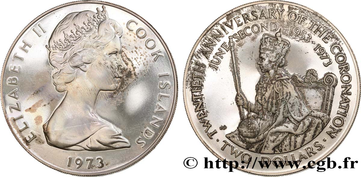 COOK INSELN 2 Dollars Proof 25e anniversaire du couronnement d’Elisabeth II 1973  fST 