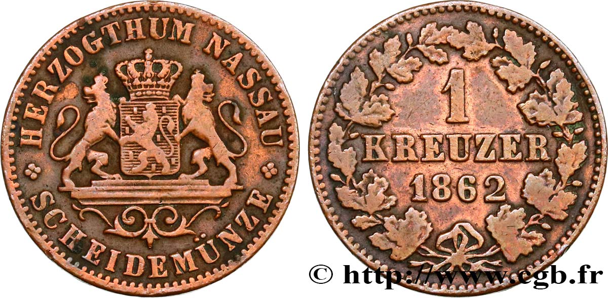 GERMANY - NASSAU 1 Kreuzer 1862  VF 