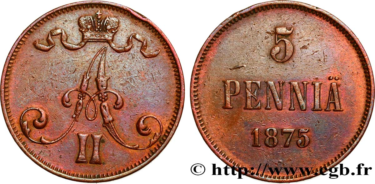 FINLANDE 5 Pennia monogramme Tsar Alexandre III 1875  TTB 