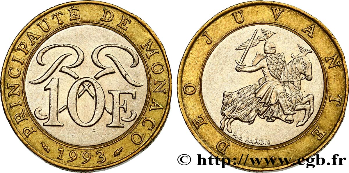 MONACO 10 Francs monogramme de Rainier III / chevalier en armes 1993 Paris SUP 